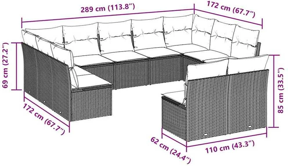 Lauko baldų komplektas Sodo komplektas su pagalvėlėmis, 11 dalių, rudas, poliratanas