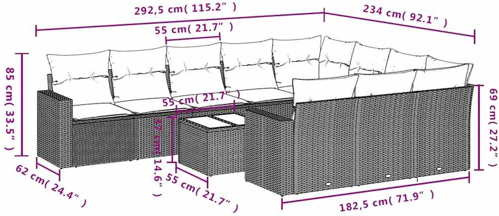 Lauko baldų komplektas Sodo komplektas su pagalvėlėmis, 11 dalių, juodas, poliratanas