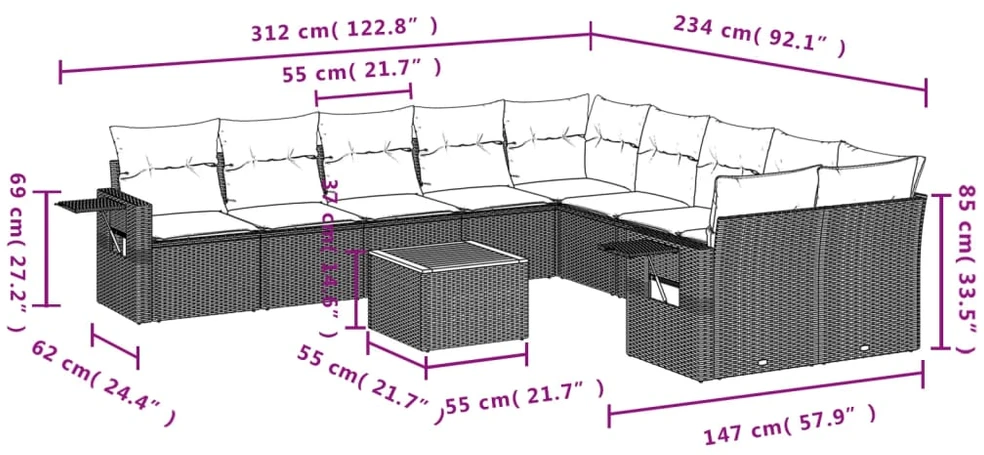 Sofa Sodo komplektas su pagalvėlėmis, 11 dalių, smėlio, poliratanas