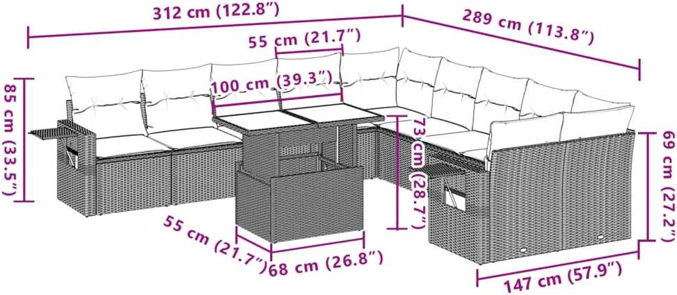 Lauko baldų komplektas Sodo komplektas su pagalvėlėmis, 11 dalių, rudas, poliratanas