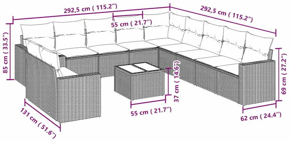 Lauko baldų komplektas Sodo komplektas su pagalvėlėmis, 12 dalių, pilkas, poliratanas