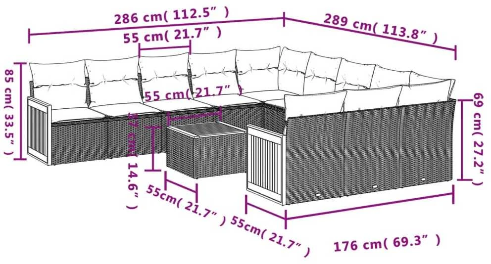 Lauko baldų komplektas Sodo komplektas su pagalvėlėmis, 12 dalių, pilkas, poliratanas