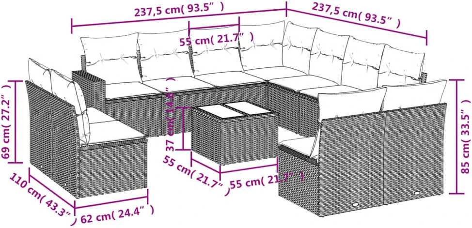 Lauko baldų komplektas Sodo komplektas su pagalvėlėmis, 12 dalių, smėlio, poliratanas