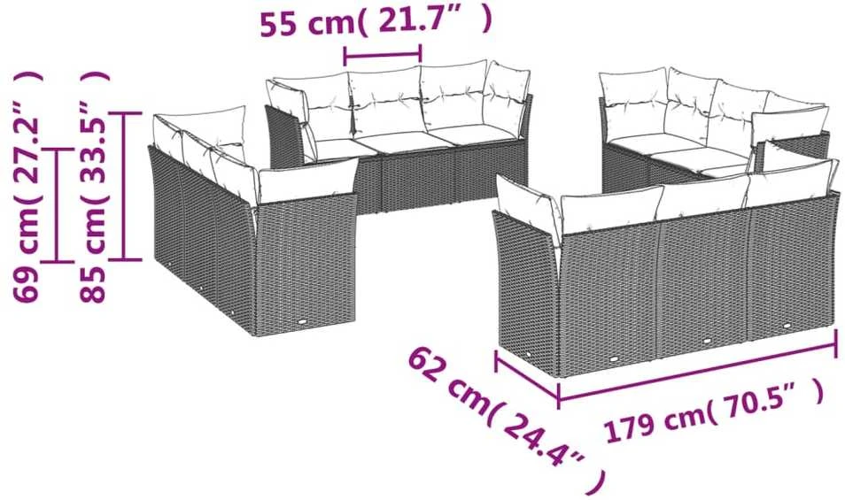 Sofa Sodo komplektas su pagalvėlėmis, 12 dalių, pilkas, poliratanas