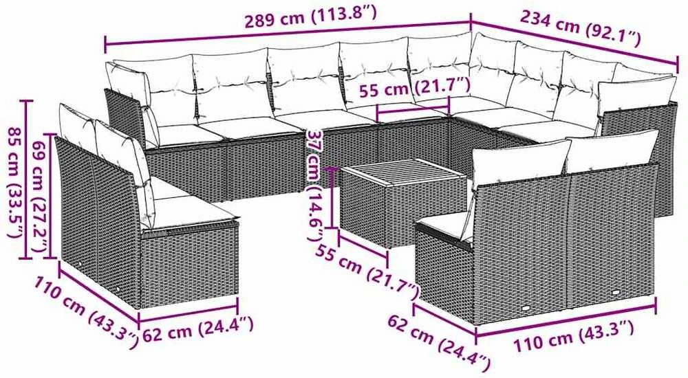 Lauko baldų komplektas Sodo komplektas su pagalvėlėmis, 13 dalių, pilkas, poliratanas