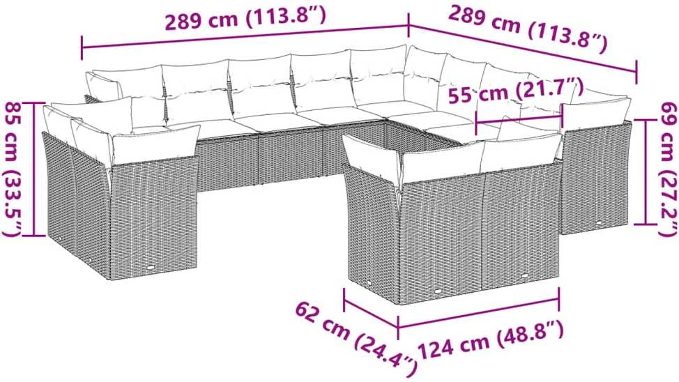 Sofa Sodo komplektas su pagalvėlėmis, 13 dalių, pilkas, poliratanas