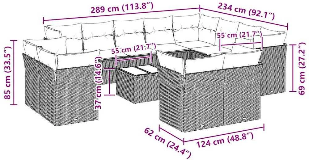 Lauko baldų komplektas Sodo komplektas su pagalvėlėmis, 13 dalių, pilkas, poliratanas