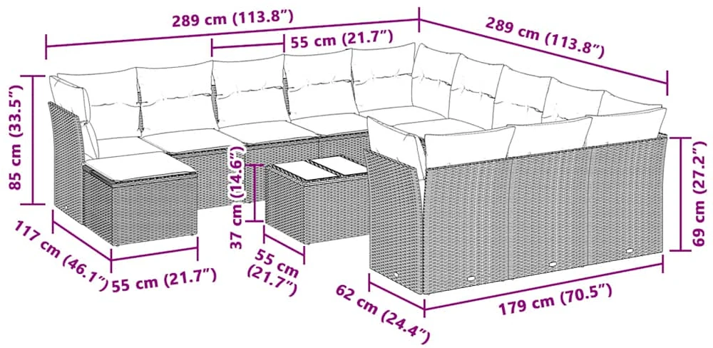 Lauko baldų komplektas Sodo komplektas su pagalvėlėmis, 13 dalių, pilkas, poliratanas