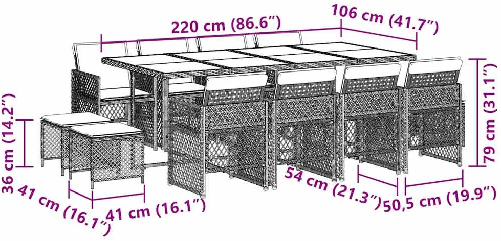 Lauko baldų komplektas Sodo komplektas su pagalvėlėmis, 13 dalių, pilkas, poliratanas