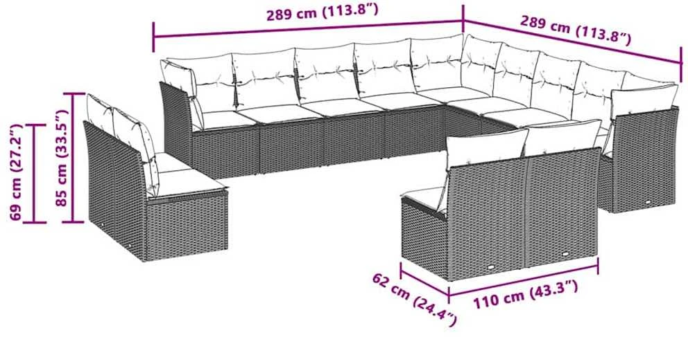 Sofa Sodo komplektas su pagalvėlėmis, 13 dalių, pilkas, poliratanas