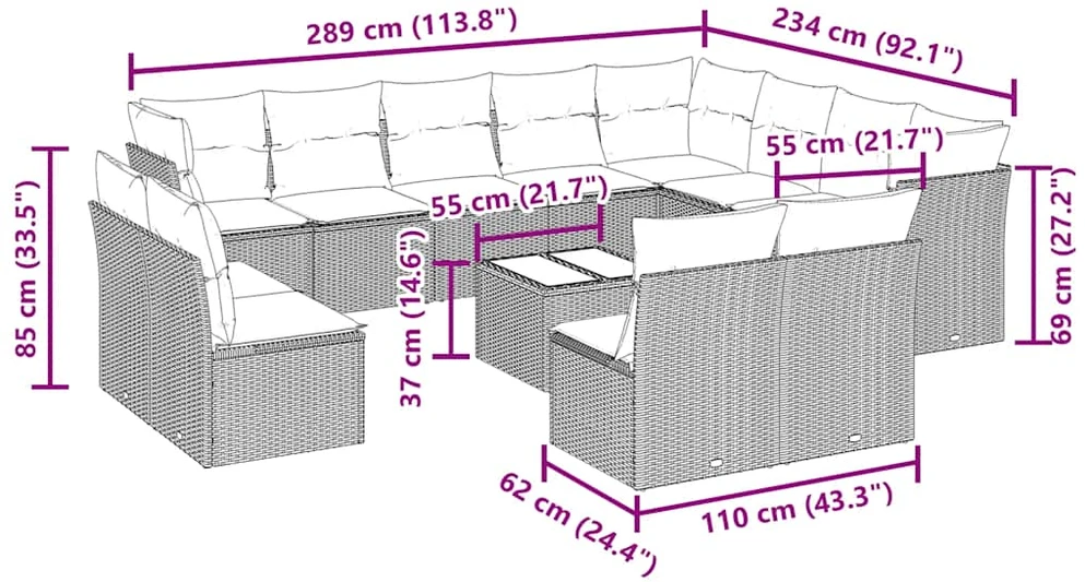 Sofa Sodo komplektas su pagalvėlėmis, 13 dalių, pilkas, poliratanas