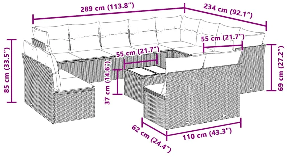 Sofa Sodo komplektas su pagalvėlėmis, 13 dalių, pilkas, poliratanas