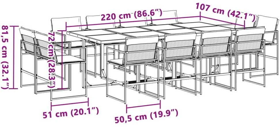 Lauko baldų komplektas Sodo komplektas su pagalvėlėmis, 13 dalių, baltas, tekstilenas