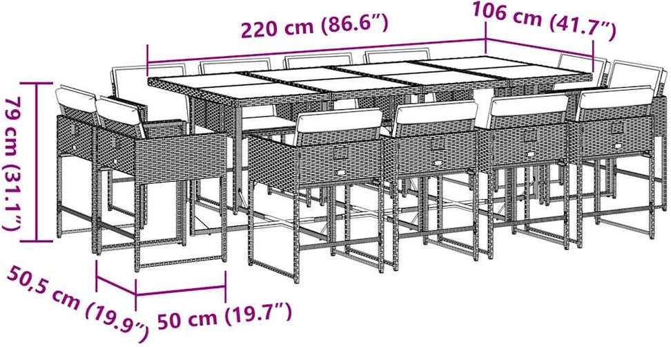Lauko baldų komplektas Sodo komplektas su pagalvėlėmis, 13 dalių, pilkas, poliratanas