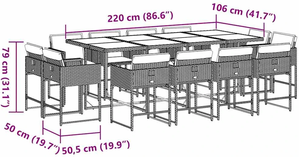 Lauko baldų komplektas Sodo komplektas su pagalvėlėmis, 13 dalių, pilkas, poliratanas