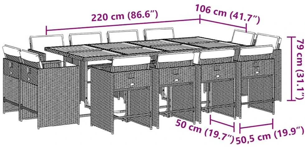 Lauko baldų komplektas Sodo komplektas su pagalvėlėmis, 13 dalių, pilkas, poliratanas