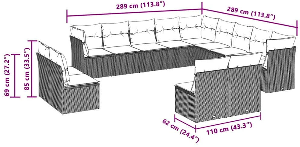 Sofa Sodo komplektas su pagalvėlėmis, 13 dalių, pilkas, poliratanas