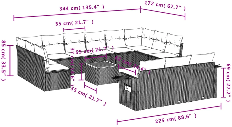 Sofa Sodo komplektas su pagalvėlėmis, 14 dalių, smėlio, poliratanas