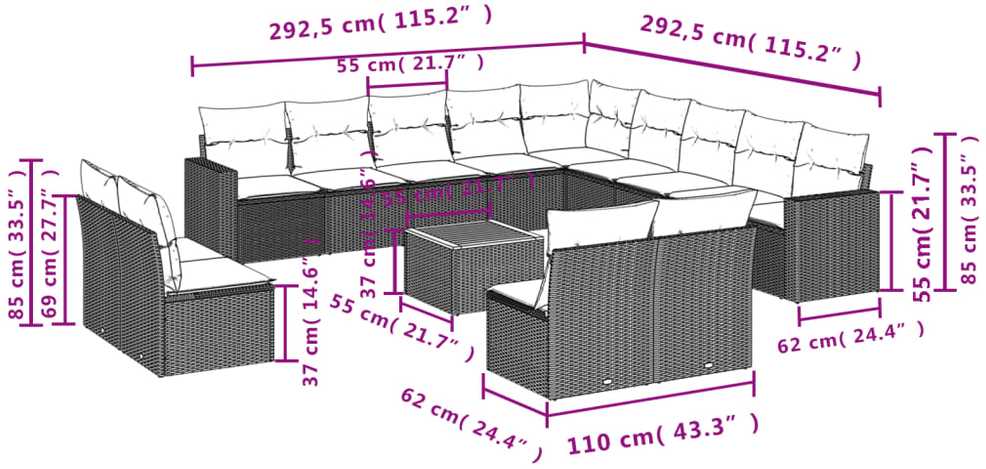 Sofa Sodo komplektas su pagalvėlėmis, 14 dalių, smėlio, poliratanas