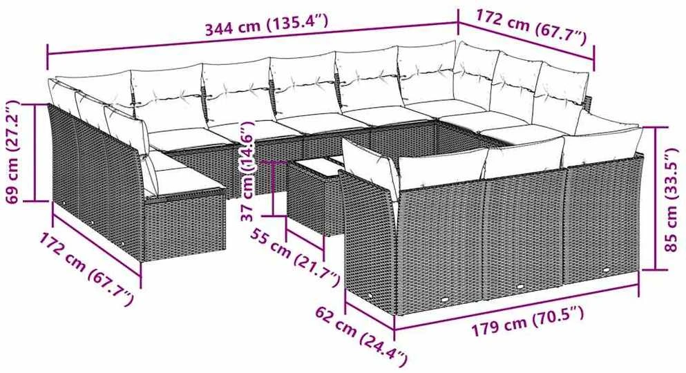 Lauko baldų komplektas Sodo komplektas su pagalvėlėmis, 14 dalių, pilkas, poliratanas