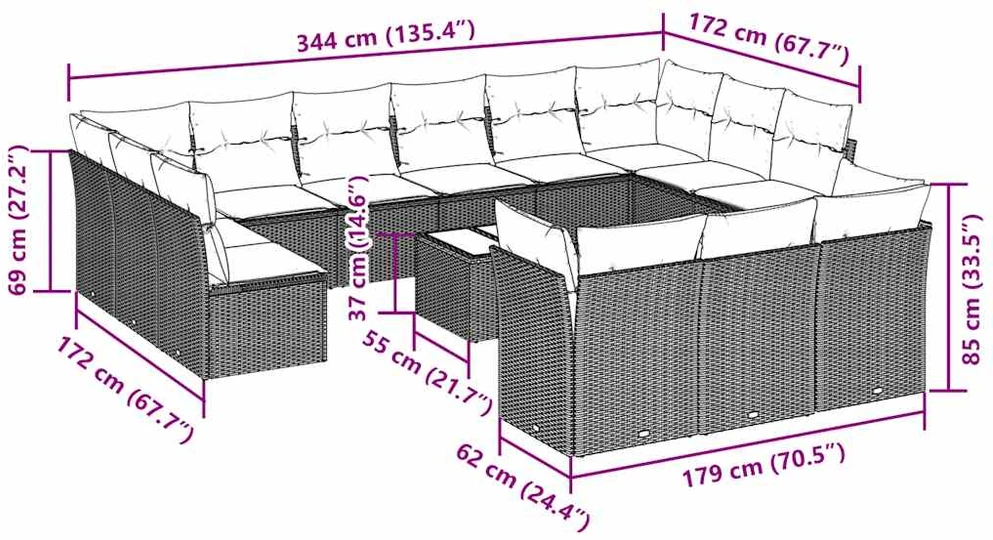 Lauko baldų komplektas Sodo komplektas su pagalvėlėmis, 14 dalių, pilkas, poliratanas