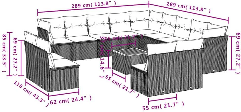 Sofa Sodo komplektas su pagalvėlėmis, 14 dalių, smėlio, poliratanas