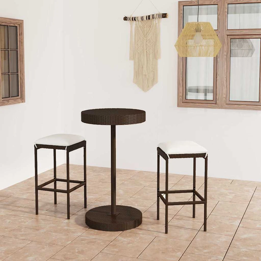 Lauko baldų komplektas Sodo komplektas su pagalvėlėmis, 3 dalių, rudas, poliratanas