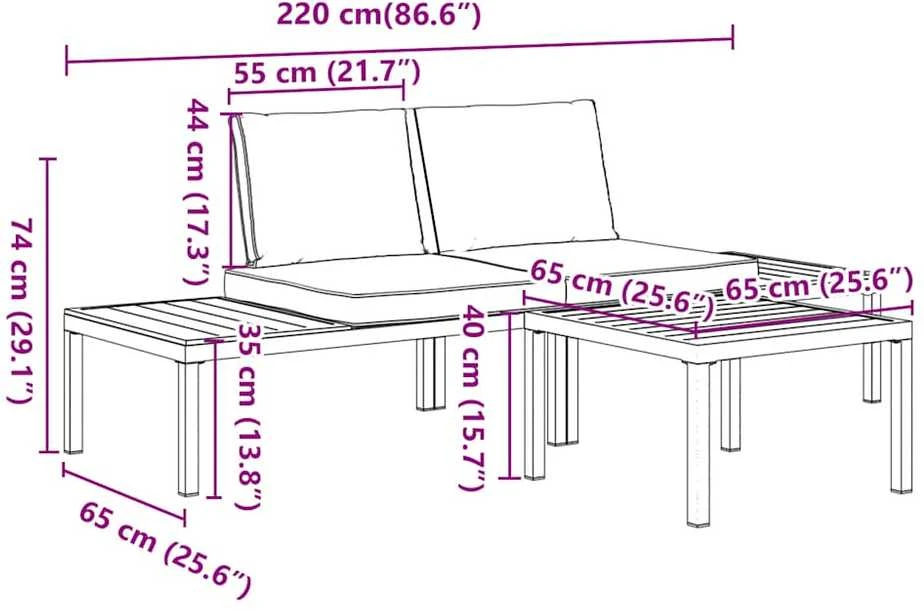Lauko baldų komplektas Sodo komplektas su pagalvėlėmis, 3 dalių, juodas, aliuminis