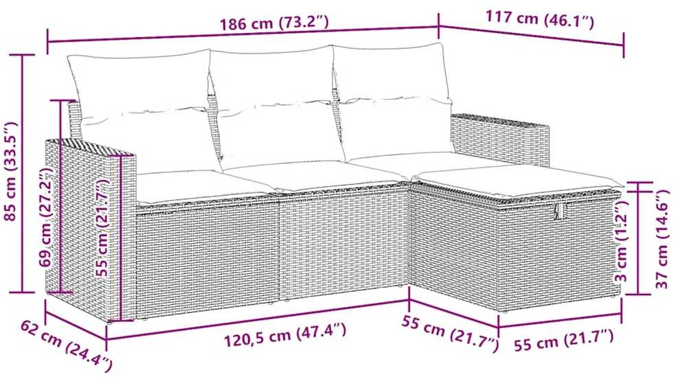 Sofa Sodo komplektas su pagalvėlėmis, 4 dalių, juodas, poliratanas