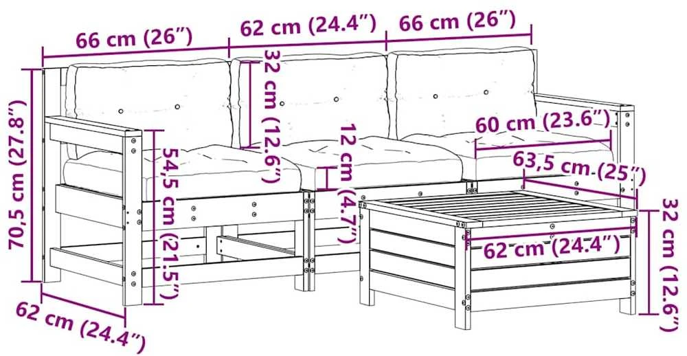 Lauko baldų komplektas Sodo komplektas su pagalvėlėmis, 4 dalių, baltas, pušis