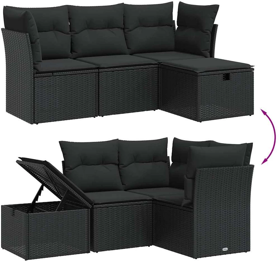 Lauko baldų komplektas Sodo komplektas su pagalvėlėmis, 4 dalių, juodas, poliratanas
