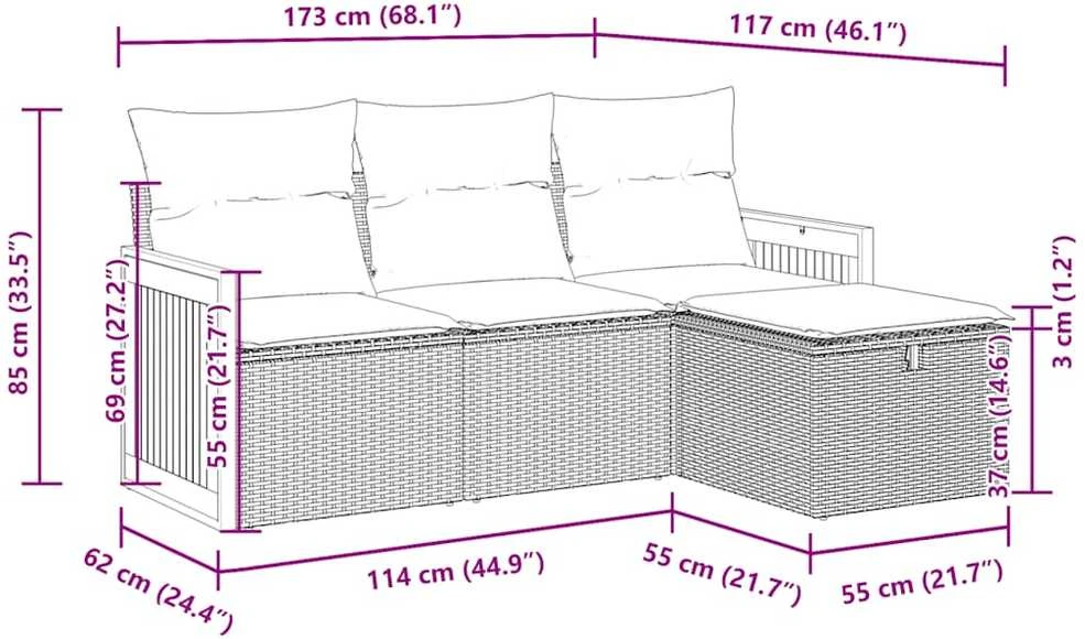 Lauko baldų komplektas Sodo komplektas su pagalvėlėmis, 4 dalių, pilkas, poliratanas