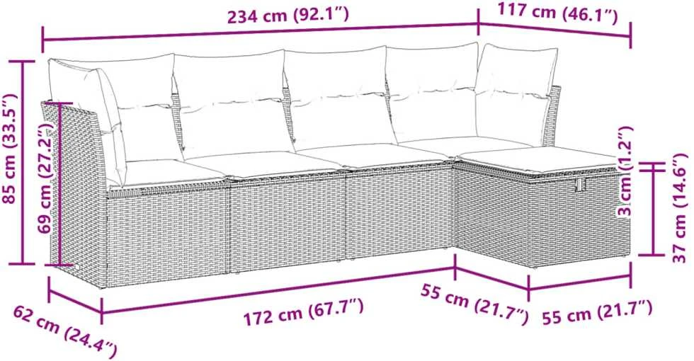 Lauko baldų komplektas Sodo komplektas su pagalvėlėmis, 5 dalių, juodas, poliratanas