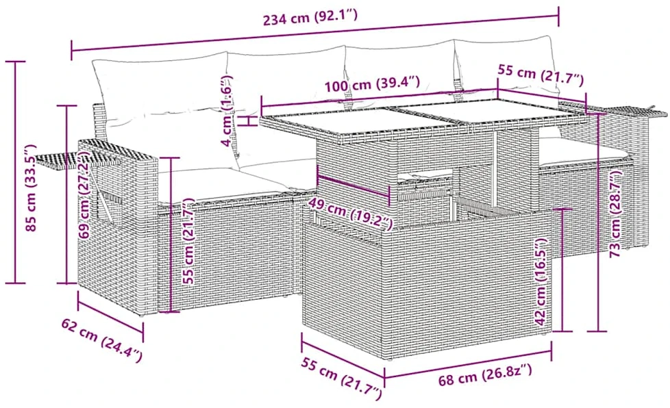 Sodo komplektas su pagalvėlėmis, 5 dalių, poliratanas/akacija