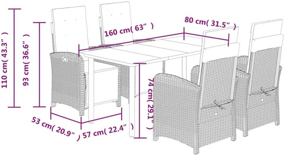 Lauko baldų komplektas Sodo komplektas su pagalvėlėmis, 5 dalių, pilkas, poliratanas