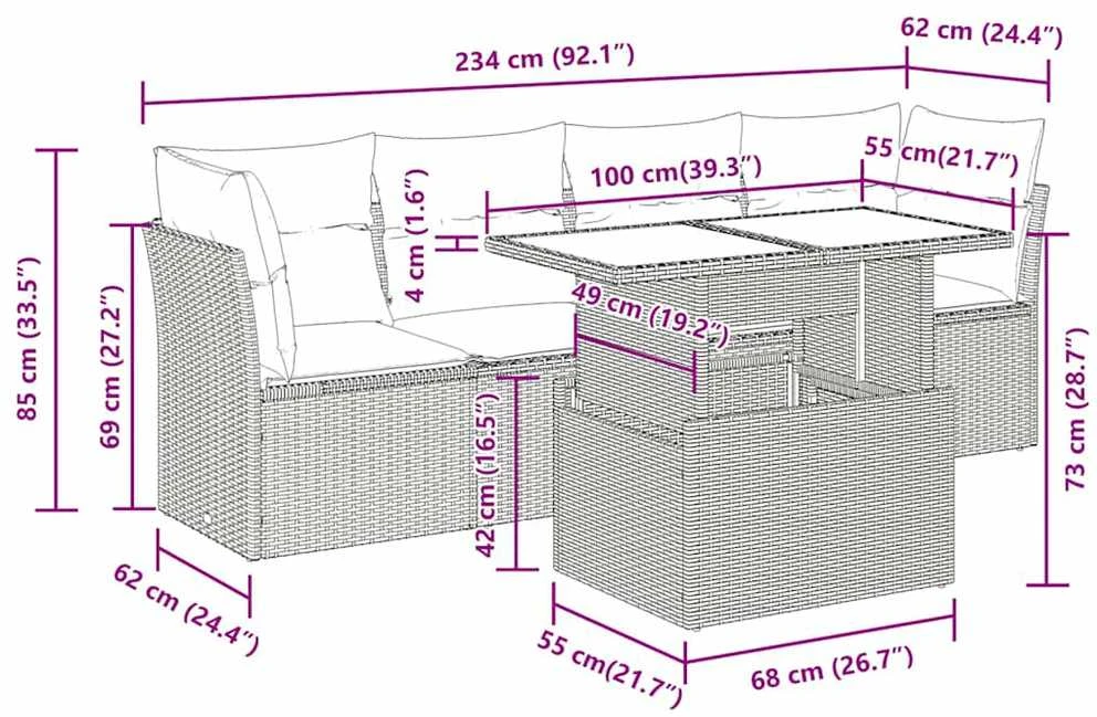Lauko baldų komplektas Sodo komplektas su pagalvėlėmis, 5 dalių, poliratanas/akacija