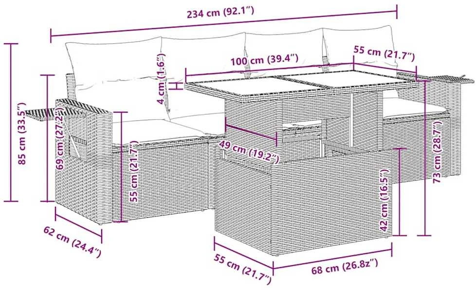 Lauko baldų komplektas Sodo komplektas su pagalvėlėmis, 5 dalių, poliratanas/akacija