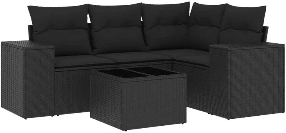 Sofa Sodo komplektas su pagalvėlėmis, 5 dalių, juodas, poliratanas