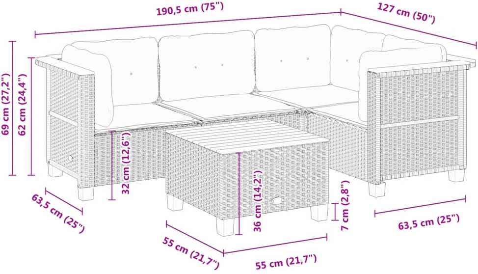 Lauko baldų komplektas Sodo komplektas su pagalvėlėmis, 5 dalių, juodas, poliratanas