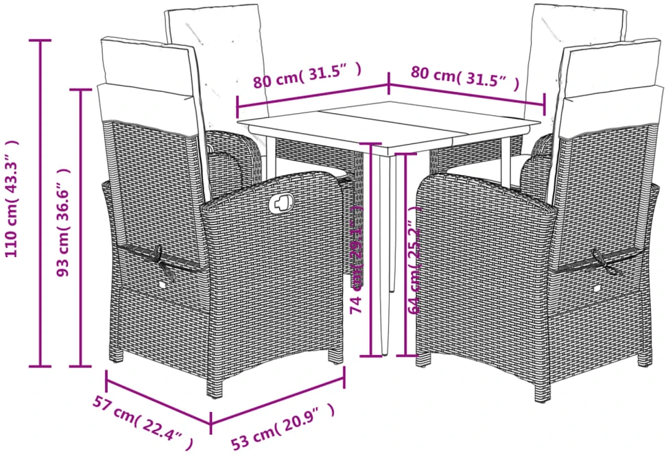 Lauko baldų komplektas Sodo komplektas su pagalvėlėmis, 5 dalių, rudas, poliratanas