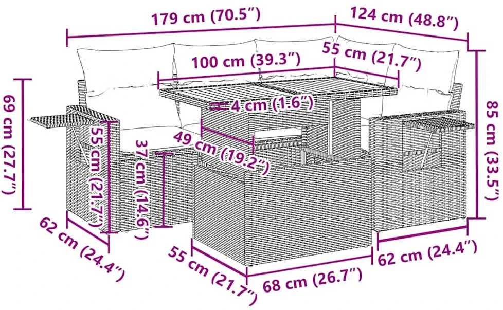 Lauko baldų komplektas Sodo komplektas su pagalvėlėmis, 5 dalių, juodas, poliratanas