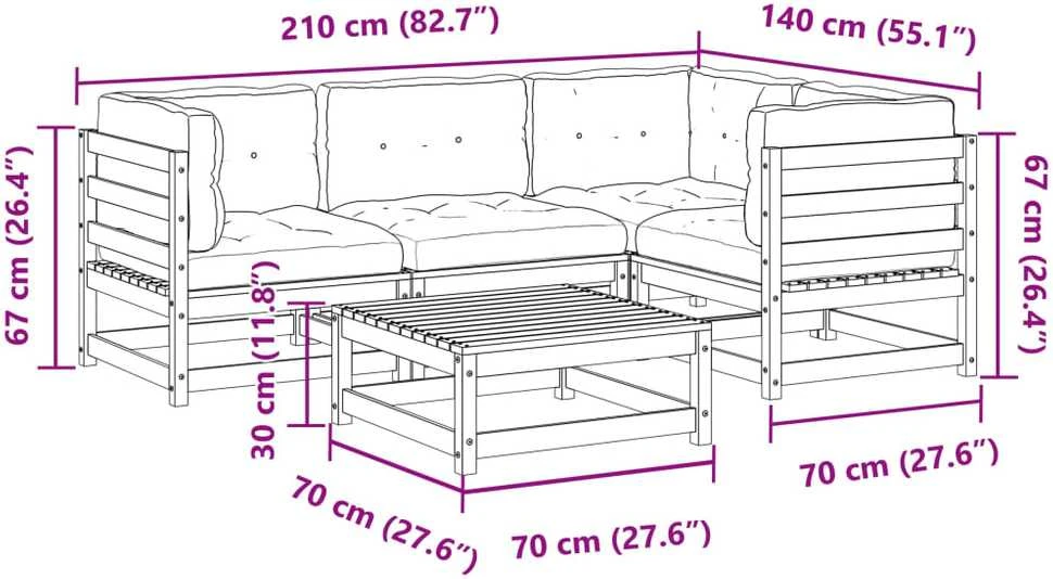Lauko baldų komplektas Sodo komplektas su pagalvėlėmis, 5 dalių, vaško rudas, pušis