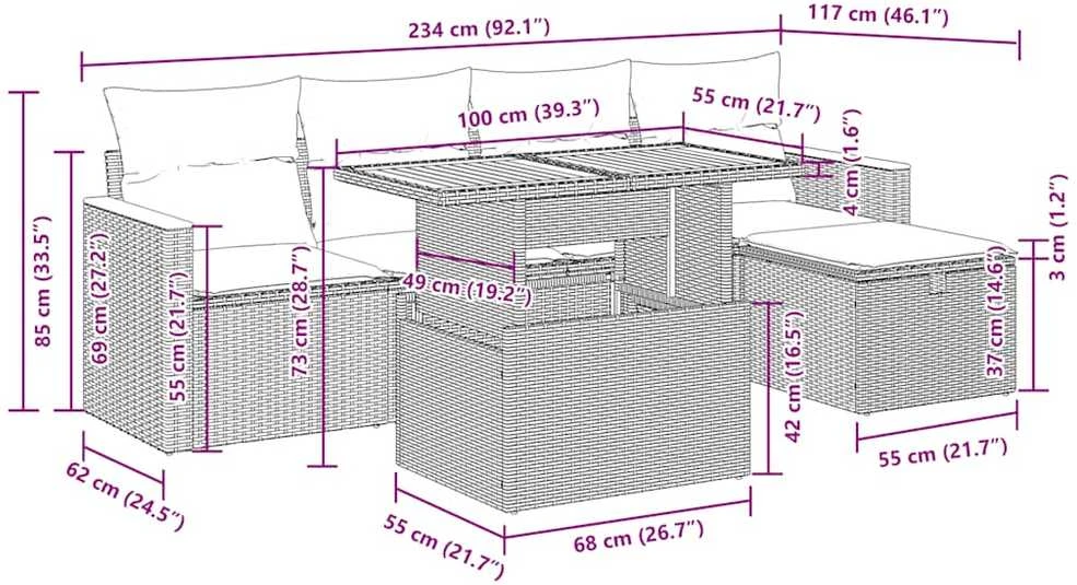 Lauko baldų komplektas Sodo komplektas su pagalvėlėmis, 6 dalių, poliratanas/akacija
