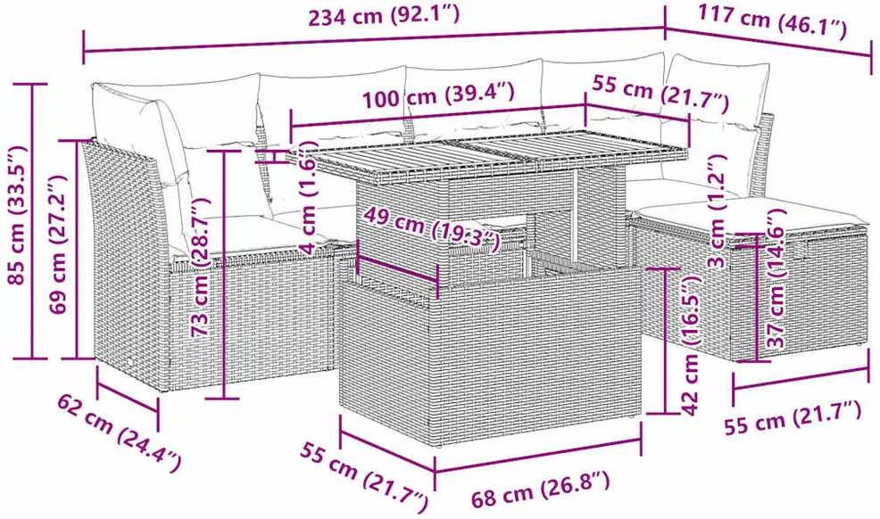 Lauko baldų komplektas Sodo komplektas su pagalvėlėmis, 6 dalių, poliratanas/akacija