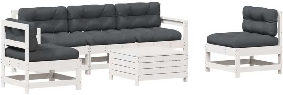 Lauko baldų komplektas Sodo komplektas su pagalvėlėmis, 6 dalių, baltas, pušis