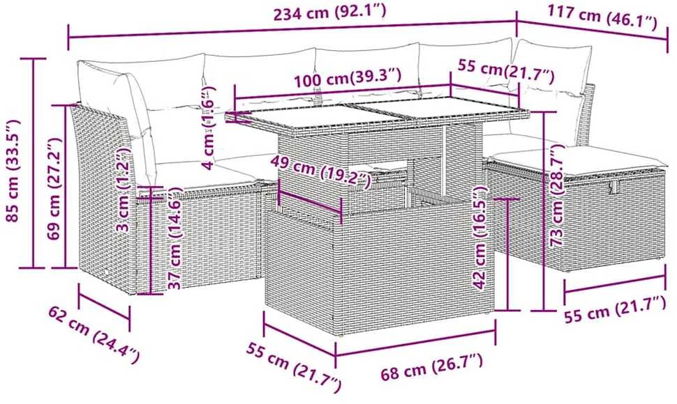Lauko baldų komplektas Sodo komplektas su pagalvėlėmis, 6 dalių, poliratanas/akacija