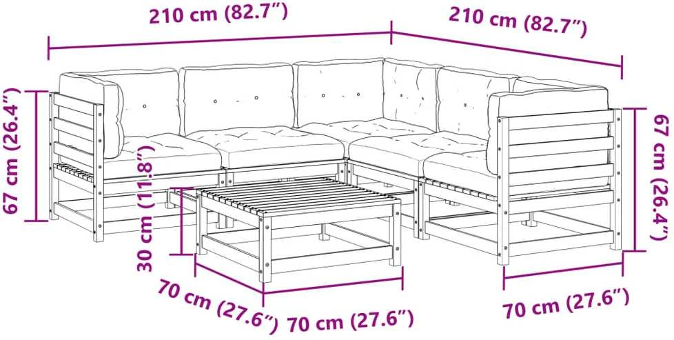 Lauko baldų komplektas Sodo komplektas su pagalvėlėmis, 6 dalių, vaško rudas, pušis