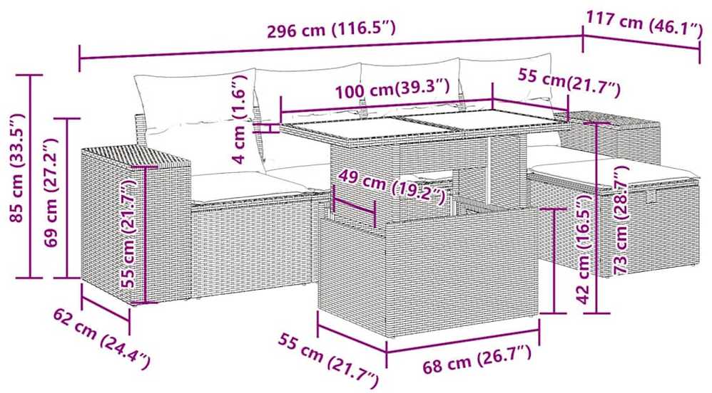 Lauko baldų komplektas Sodo komplektas su pagalvėlėmis, 6 dalių, poliratanas/akacija