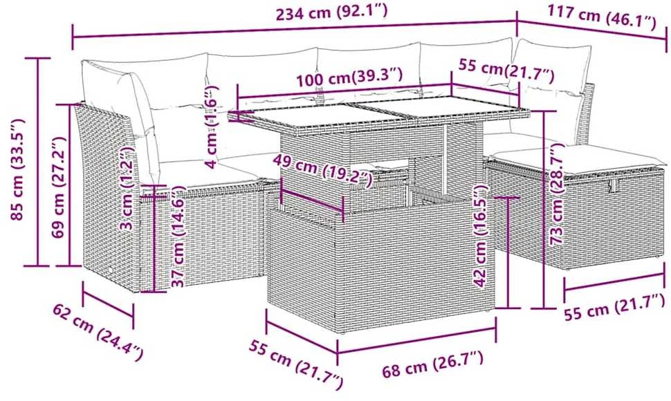 Lauko baldų komplektas Sodo komplektas su pagalvėlėmis, 6 dalių, poliratanas/akacija