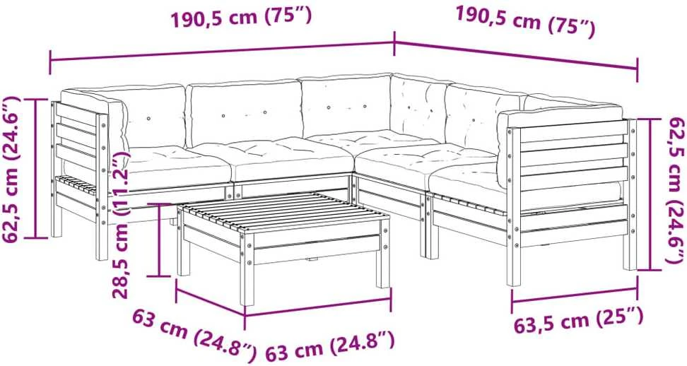 Lauko baldų komplektas Sodo komplektas su pagalvėlėmis, 6 dalių, vaško rudas, pušis